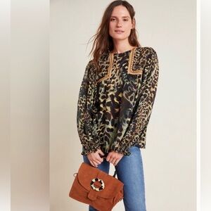 Anthropologie Bl-nk London Joelle Leopard Peasant Blouse Size XS